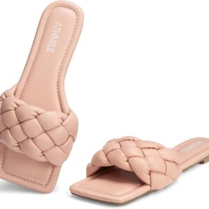 ATHMILE Braided Womens Sandals Square Open Toe Fashion Slide Sandals Women Dressy Summer Flat Beach
