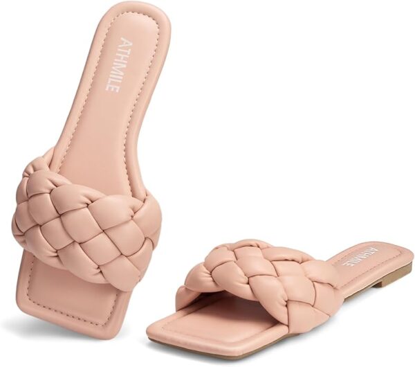 ATHMILE Braided Womens Sandals Square Open Toe Fashion Slide Sandals Women Dressy Summer Flat Beach