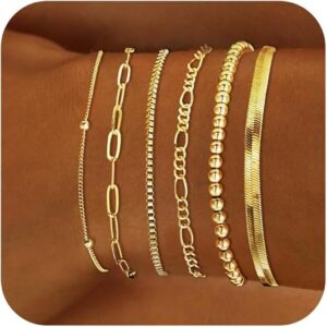 DEARMAY Gold Bracelets for Women Waterproof, 14K Real Gold Jewelry Sets Trendy Thin Dainty Stackable Cuban Link Paperclip Chain Bracelet Pack Fashion Accessories Gifts for Womens