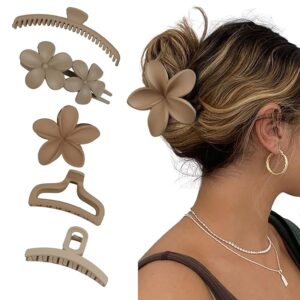 5PCS Hair Clips for Women Flower Hair Clips Non-slip Claw Clips Matte Hair Claw Clip for Thick Thin Hair Fashion Hair Clip Set Multi-style Hair Accessories for Girls (Brown)
