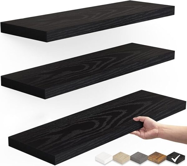 BAYKA Floating Shelves for Wall, Wall Mounted Rustic Wood Shelves for Bathroom, Bedroom, Living Room, Kitchen, Hanging Shelf for Books/Storage/Room Decor with 22lbs Capacity