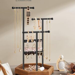 ONGMICS Jewelry Holder, Jewelry Organizer, 3 Tiers and 1 Tray, Jewelry Display Stand with Metal Frame, Necklace Earring Bracelet Holder, for Rings, Ink Black and Caramel Brown