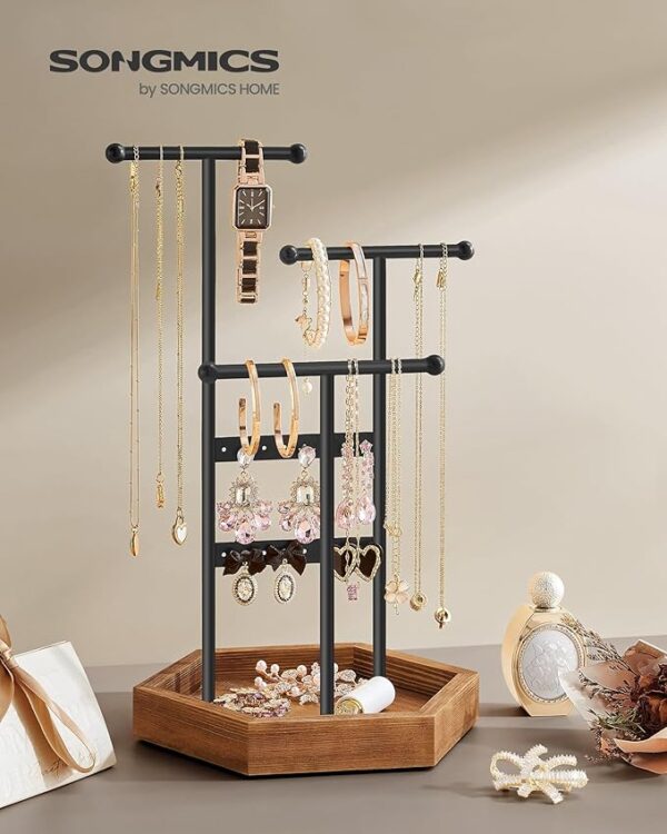 ONGMICS Jewelry Holder, Jewelry Organizer, 3 Tiers and 1 Tray, Jewelry Display Stand with Metal Frame, Necklace Earring Bracelet Holder, for Rings, Ink Black and Caramel Brown
