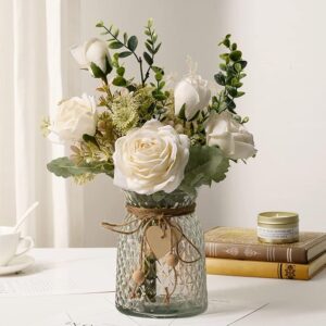 YJ Fake Flowers with Vase, Silk Roses Artificial Flowers in Vase, Faux Flower Plant Arrangement Suitable for Home Office Decoration, Dining Table Centerpiece(White)