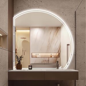 Niccy 35" Half Moon LED Mirror for Bathroom, Backlit/Front Lighted, Irregular 1/4 Round Lighted Mirrors with Bedroom Wall-Mirror, Frameless-Mirror for Entryway, Anti-Fog, Dimmable, Makeup-Mirror