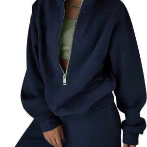 Women's Fleece 2 Piece Outfits Sweatsuit Long Sleeve Half Zip Pullover Sweatshirts Joggers Pants Tracksuits Sets