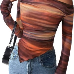 PRETTYGARDEN Womens Fall Trendy Off Shoulder Y2k Tops 2025 Tie Dye Mesh Long Sleeve Shirts Asymmetrical Ruched Floral Blouse