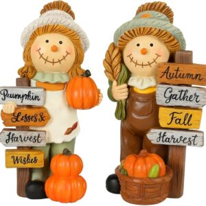 iStatue Thanksgiving Decorations Fall Scarecrow Figurines – 2 Pack 5.5‘’ Resin Harvest with Pumpkins & Signs, Autumn Home Décor Accents for Table, Shelf, Fireplace and Entryway (Beige)