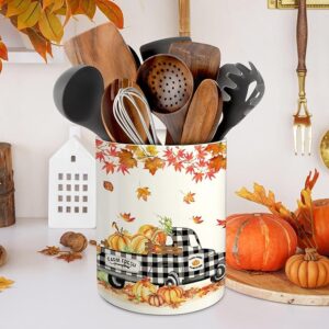 pinata Fall Kitchen Decor Ceramic Utensil Holder, Farmhouse Fall Truck Pumpkin Utensils Holder, Ceramic Utensils Crock for Rustic Indoor Kitchen Decorations(6.3 Inches)